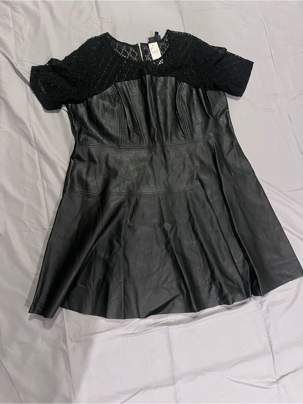 Lane Bryant Black Lace Yoke Faux Leather Fit-and-Flare Dress